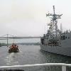 Tug "Fort Point" escorting USS John L. Hall aproaching the Penobscot Narrows Bridge July 29, 2011.