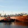 Tugs "Fournier Tractor" and "Fort Point" dock the product carrier "Mount Robson" (40,014 DWT) at the Sprague Terminal, Searsport.